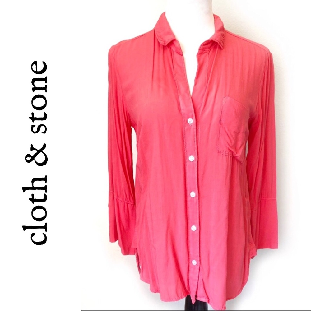 Anthropologie Cloth & Stone Rayon Coral Pink 3/4 Bell Sleeve Top Blouse …